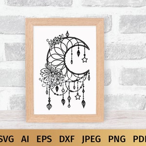 May include: Black and white line art illustration of a crescent moon with floral details and hanging stars. The moon is surrounded by a circular design with intricate details.