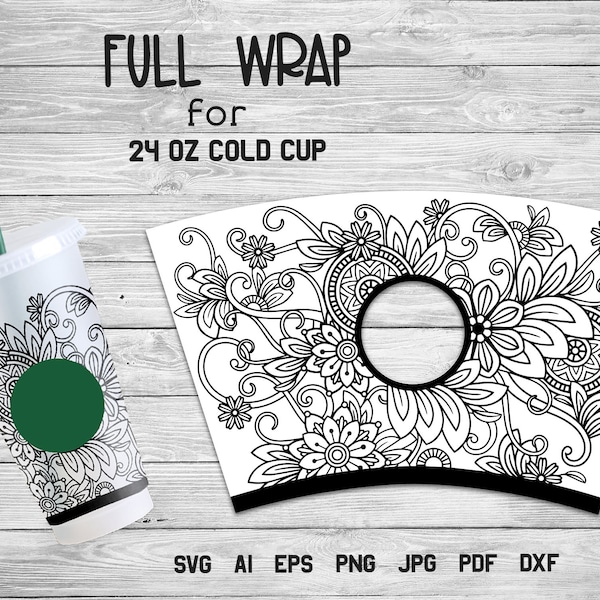 Cup Wrap SVG, Full Wrap SVG, Floral Kalte 24 OZ Cup Wrap.