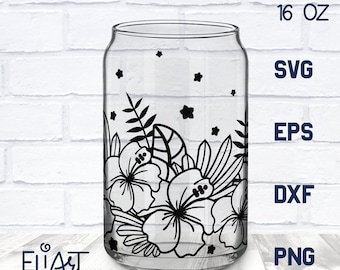 Tropical Libbey Glass Can SVG, Hibiscus Beer Glass Can Wrap, 16 OZ Libbey Glass PNG.