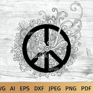 Signe de la paix SVG, SVG de symbole de paix avec mandalas et fleurs, signe de paix Zentangle.