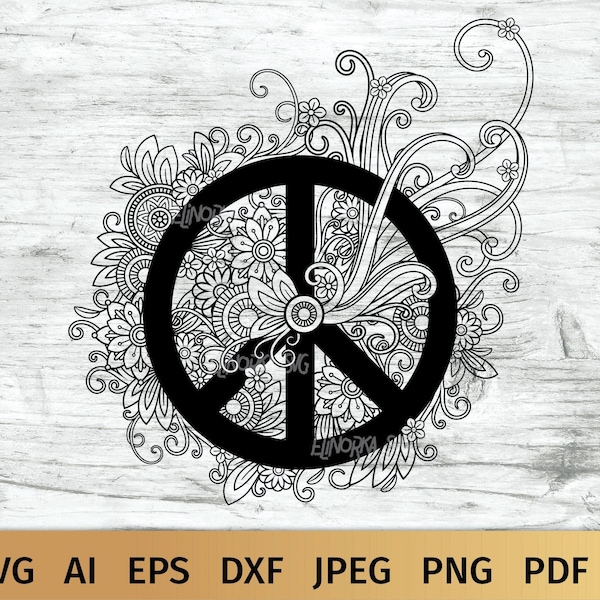 Vredesteken SVG, Vredessymbool SVG met Mandala's en Bloemen, Zentangle Vredesteken.