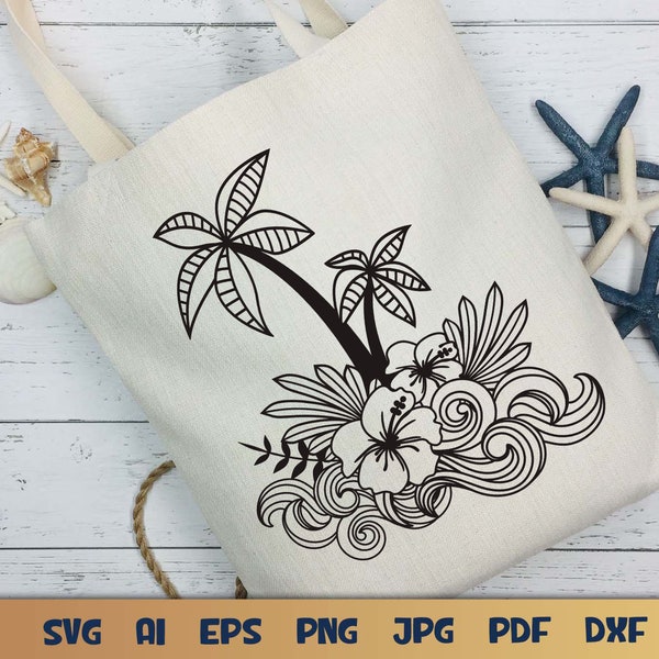 Tropical Island SVG, Hawaii SVG, Tropical Beach SVG with Palm Trees, Hibiscus and Ocean Waves.