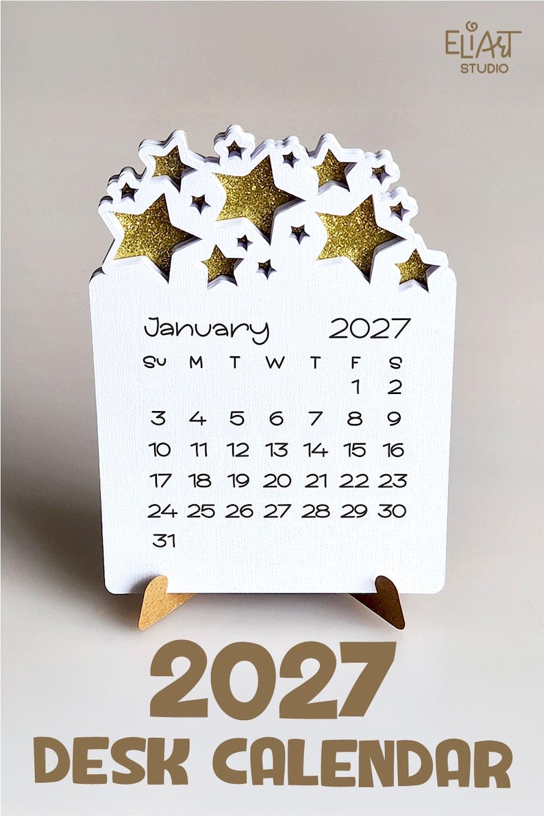 2027 Calendar SVG, Desktop Calendar SVG, Mini Desk Calendar SVG, Calendar with Stars, Print Then Cut Calendar, 2027 Calendar Template.