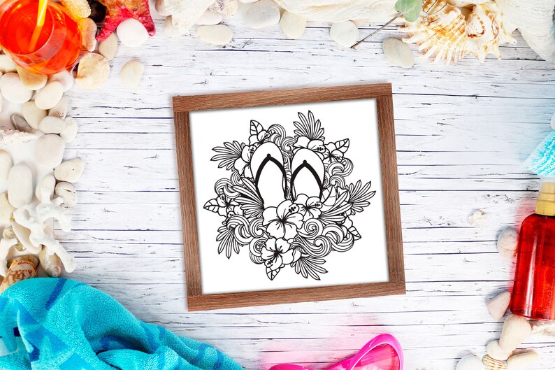 Summer Flip flops SVG with Hibiscus Flower and Ocean Waves Design for T-shirts, Pillows, Mugs, Tote bags and Wall art. Compatible with Cricut and Silhouette Cutting Machines