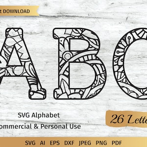 Alfabeto Mandala floreale SVG, Lettere floreali SVG, Alphabet Initials Uso commerciale.