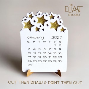 2027 Calendar SVG, Desktop Calendar SVG, Mini Desk Calendar SVG, Calendar with Stars, Print Then Cut Calendar, 2027 Calendar Template.