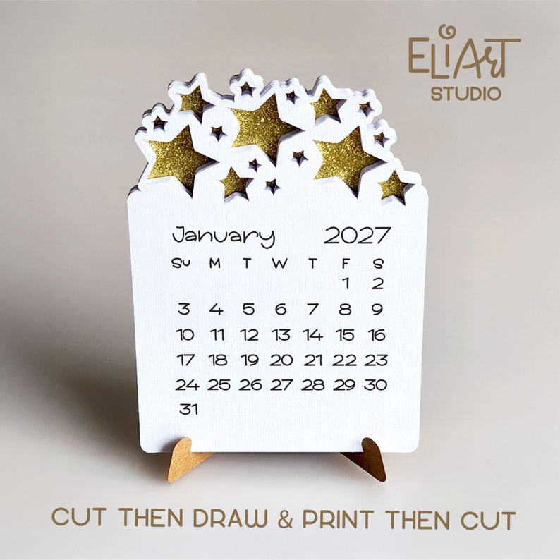 2027 Calendar SVG, Desktop Calendar SVG, Mini Desk Calendar SVG, Calendar with Stars, Print Then Cut Calendar, 2027 Calendar Template.