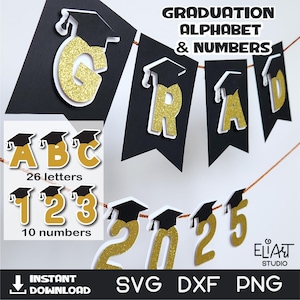 Letras y números de graduación, SVG de graduación de 2025, SVG de clase de 2025, SVG de último año de 2025, decoración de fiesta de graduación, pancarta de graduación.