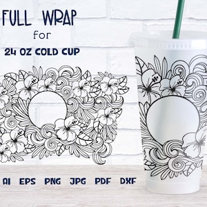 Hibiscus Flower SVG Cup Wrap, Full Wrap SVG, Tropical 24 OZ Cup Wrap.