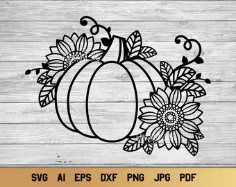 Floral Pumpkin SVG Design, Fall Home Decor, Sunflower Pumpkin PNG.