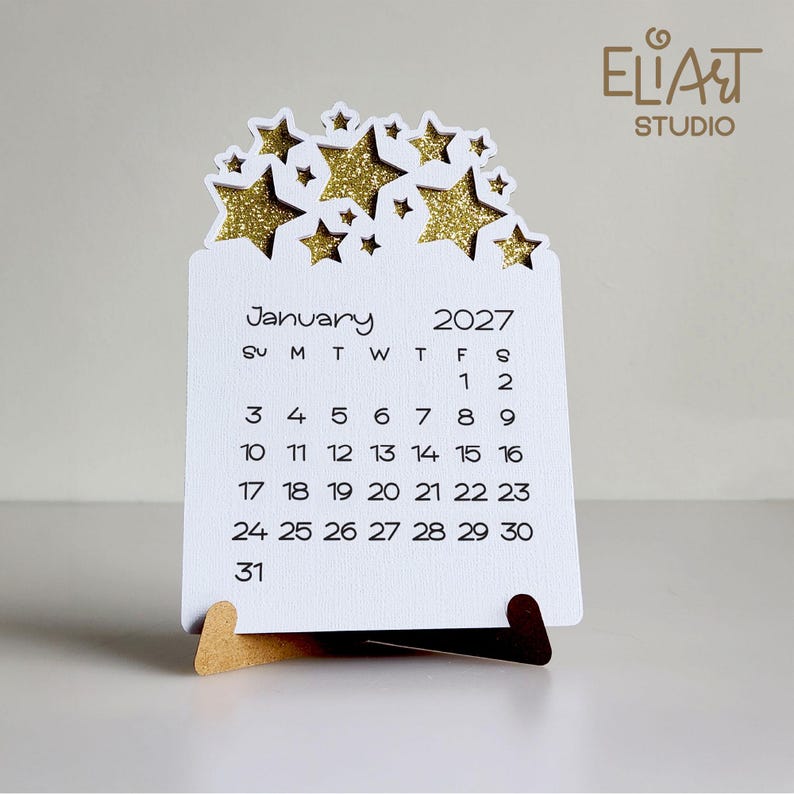 2027 Calendar SVG, Desktop Calendar SVG, Mini Desk Calendar SVG, Calendar with Stars, Print Then Cut Calendar, 2027 Calendar Template.
