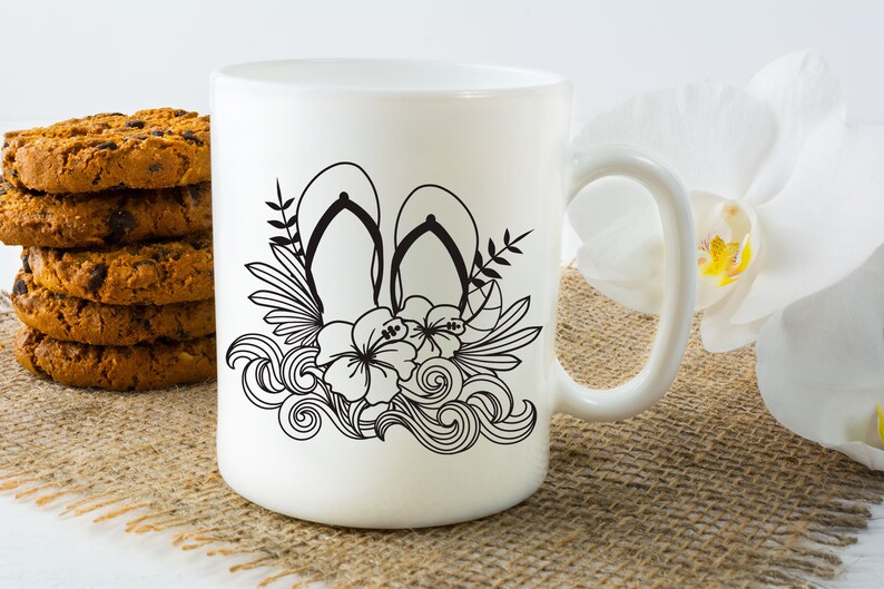Summer Flip Flops SVG with Hibiscus Flower and Ocean Waves Design for T-shirts, Pillows, Mugs, Tote bags and Wall art. This Hawaiian Beach Design is Compatible with Cricut and Silhouette Cutting Machines