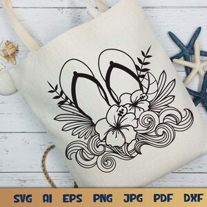 Summer Flip Flops SVG with Hibiscus Flower and Ocean Waves Design for T-shirts, Pillows, Mugs, Tote bags and Wall art. This Hawaiian Beach Design is Compatible with Cricut and Silhouette Cutting Machines