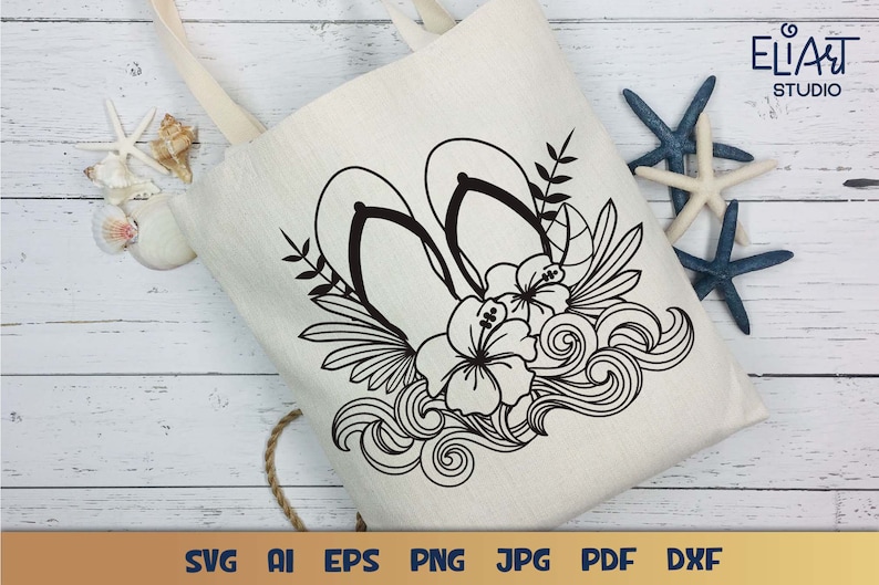 Summer Flip Flops SVG with Hibiscus Flower and Ocean Waves Design for T-shirts, Pillows, Mugs, Tote bags and Wall art. This Hawaiian Beach Design is Compatible with Cricut and Silhouette Cutting Machines