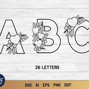 Letras SVG de coração, Alfabeto SVG com flores, Dia dos Namorados SVG.