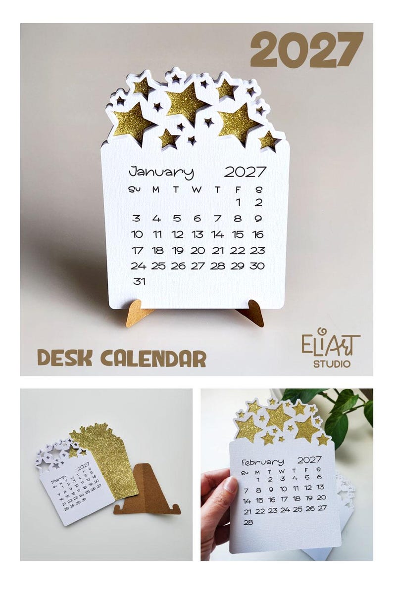 2027 Calendar SVG, Desktop Calendar SVG, Mini Desk Calendar SVG, Calendar with Stars, Print Then Cut Calendar, 2027 Calendar Template.