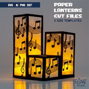 Music Lantern SVG, 3d Paper Lantern SVG with Musical Notes, Led Candle Holder.
