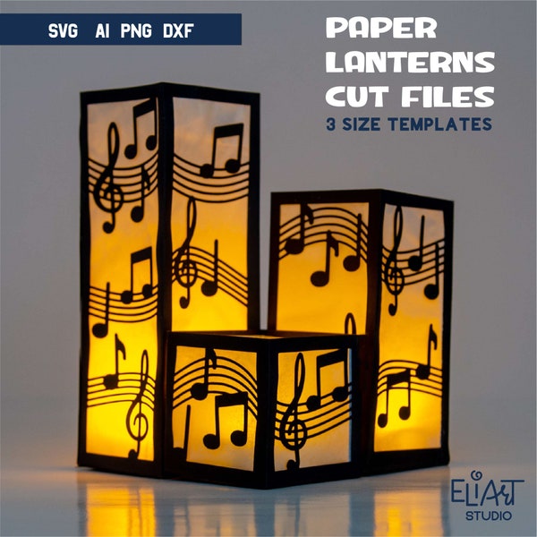 Music Lantern SVG, 3d Paper Lantern SVG with Musical Notes, Led Candle Holder.