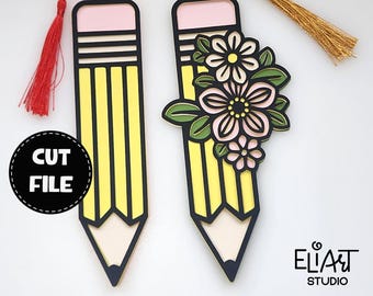 Marcapáginas SVG, Marcapáginas de lápiz SVG, Plantilla de marcapáginas floral SVG, Regalo para amantes de los libros, Regalo para profesores, Regalo de agradecimiento para profesores.
