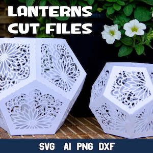 Lanterna di carta Mandala SVG, lanterna a forma di pentagono SVG 3D, portacandele Mandala.