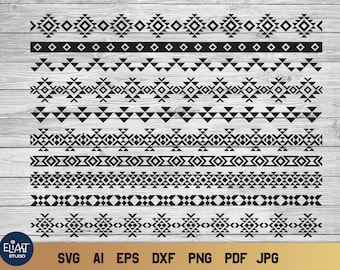Könnte beinhalten: Schwarz-weiße geometrische Bordürendesigns in verschiedenen Mustern. Die Designs umfassen Dreiecke, Rauten und andere Formen. Das Bild befindet sich auf einem hellen Holzmaserungshintergrund. Der untere Teil des Bildes enthält den Text "SVG AI EPS DXF PNG PDF JPG".