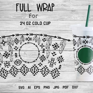 May include: A clear 24 oz cold cup with a green straw, featuring a black and white tribal design. The design includes arrows, feathers, and geometric shapes. Text on the image reads "FULL WRAP for 24 OZ COLD CUP".