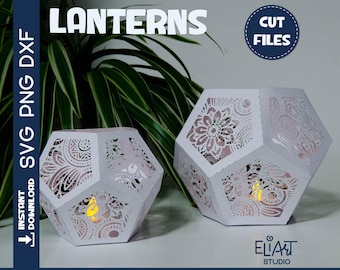 Linterna de papel con mandala floral SVG, linterna con forma de pentágono en 3D SVG, portavelas con mandala.
