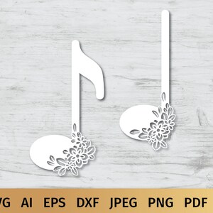Music Notes SVG Designs with Flowers. These Floral Musical Notes are Compatible with Cricut and Silhouette Cutting Machines