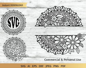 Mandala Monogram svg, Split Mandala svg, Mandala Frame svg, Split Monogram svg, Floral Mandala, Personal and Commercial Use