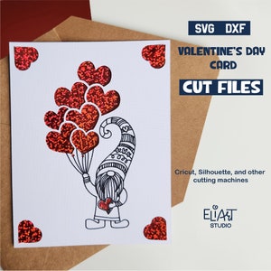 Tarjeta de inserción de Gnomo de San Valentín, diseño SVG de tarjeta de San Valentín, tarjeta de inserción de corte y dibujo de San Valentín.