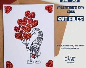 Tarjeta insertable de gnomo de San Valentín, diseño SVG para tarjeta del Día de San Valentín, tarjeta insertable para dibujar y recortar de San Valentín.