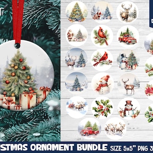 May include: A collection of 21 Christmas ornament designs. The ornaments feature watercolor illustrations of Christmas trees, Santa Claus, cardinals, snowmen, and reindeer. The main ornament has a Christmas tree with gifts.