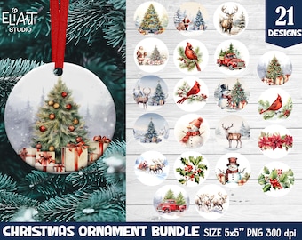 Adornos navideños campestres PNG, Adorno redondo vintage PNG, Paquete de sublimación de adornos navideños PNG.