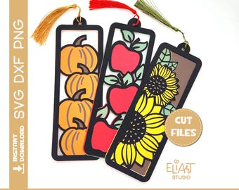 Marcador SVG, Plantilla de marcador en capas SVG, Regalo para amantes de los libros, Marcador de manzanas, Marcador de girasoles, Marcador de calabazas SVG, Marcadores de otoño.