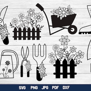 Pacote de jardim SVG, ilustração PNG de ferramenta de jardinagem, decoração de primavera de fazenda.