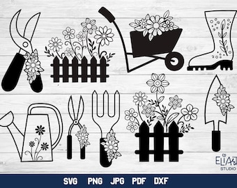 Garden Bundle SVG, Gardening Tool PNG Illustration, Farmhouse Spring Decoration.