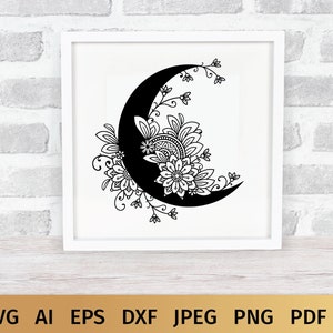May include: A black and white crescent moon with intricate floral designs. The moon is surrounded by a variety of flowers and leaves, creating a whimsical and elegant design.