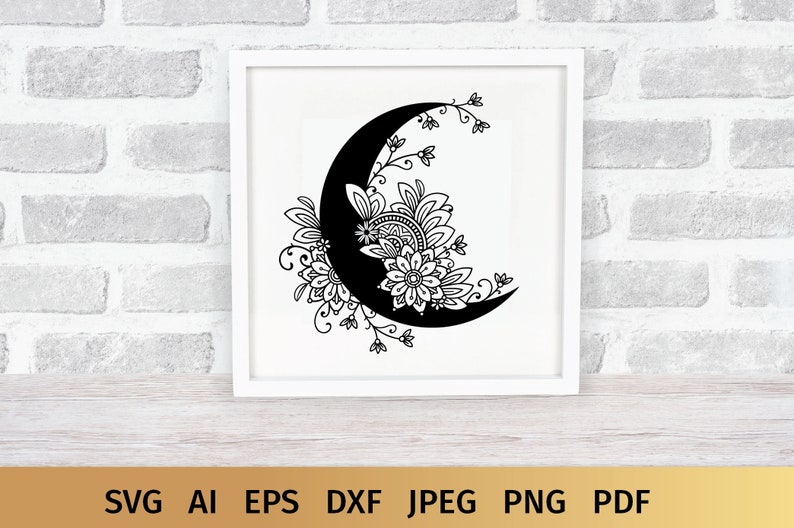 May include: A black and white crescent moon with intricate floral designs. The moon is surrounded by a variety of flowers and leaves, creating a whimsical and elegant design.