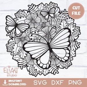 Floral Mandala SVG, Zentangle Flowers SVG, Butterfly SVG Summer Digital File.