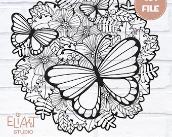 Floral Mandala SVG, Zentangle Flowers SVG, Butterfly SVG Summer Digital File.
