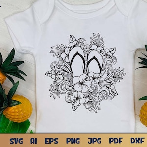 Summer Flip flops SVG with Hibiscus Flower and Ocean Waves Design for T-shirts, Pillows, Mugs, Tote bags and Wall art. Compatible with Cricut and Silhouette Cutting Machines