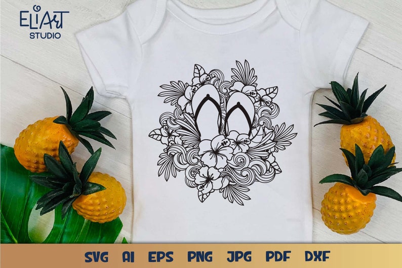 Summer Flip flops SVG with Hibiscus Flower and Ocean Waves Design for T-shirts, Pillows, Mugs, Tote bags and Wall art. Compatible with Cricut and Silhouette Cutting Machines
