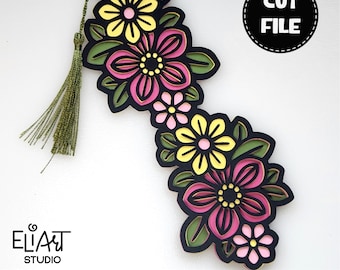 Marcador de flores SVG, Marcador SVG, Regalo para amantes de los libros, Plantilla de marcador floral, Marcador en capas, Marcador de primavera.