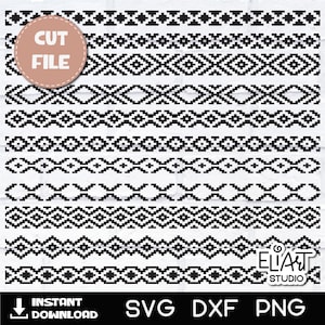 May include: Set of 10 black and white geometric border patterns. The patterns are in a repeating design and can be used for crafting, scrapbooking, and other DIY projects. The image includes the text "CUT FILE", "SVG", "DXF", "PNG", and "INSTANT DOWNLOAD".