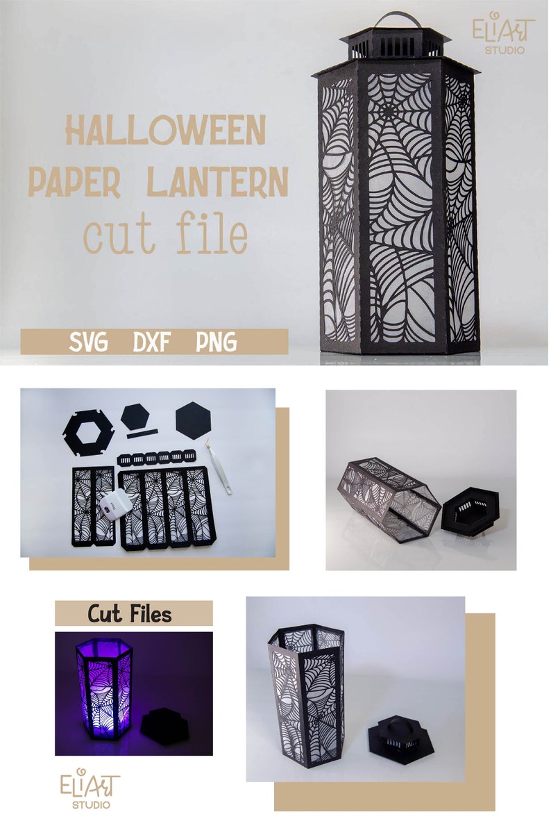 3d Halloween Paper Lantern SVG Design with Spider Web Pattern. This Led Candle Holder can be used for Home Decor and is Compatible with Cricut and Silhouette