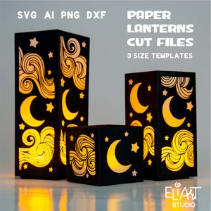 3D SVG månlykta, papperslykta SVG med stjärnor och moln, LED-ljusstake.