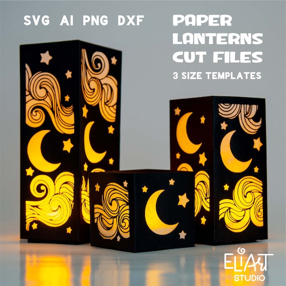 3d SVG Moon Lantern, Paper Lantern SVG with Stars and Clouds, Led Candle Holder.