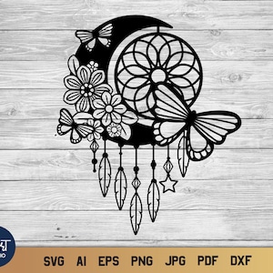 Dream Catcher SVG, Floral Moon Dreamcatcher, Boho SVG Dreamer con farfalle.
