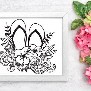 Summer Flip Flops SVG with Hibiscus Flower and Ocean Waves Design for T-shirts, Pillows, Mugs, Tote bags and Wall art. This Hawaiian Beach Design is Compatible with Cricut and Silhouette Cutting Machines
