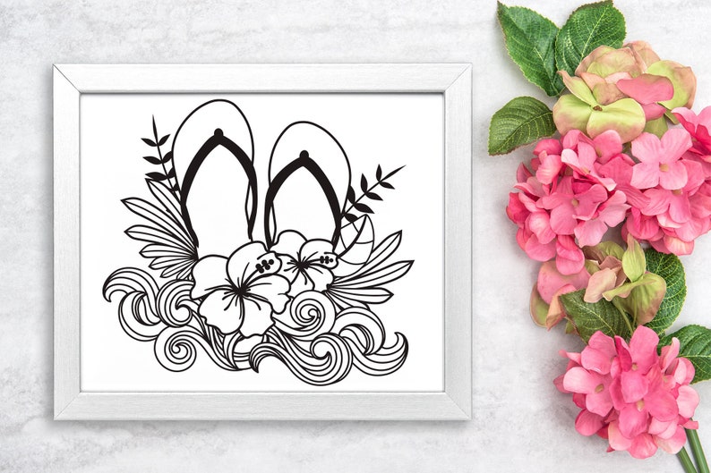 Summer Flip Flops SVG with Hibiscus Flower and Ocean Waves Design for T-shirts, Pillows, Mugs, Tote bags and Wall art. This Hawaiian Beach Design is Compatible with Cricut and Silhouette Cutting Machines